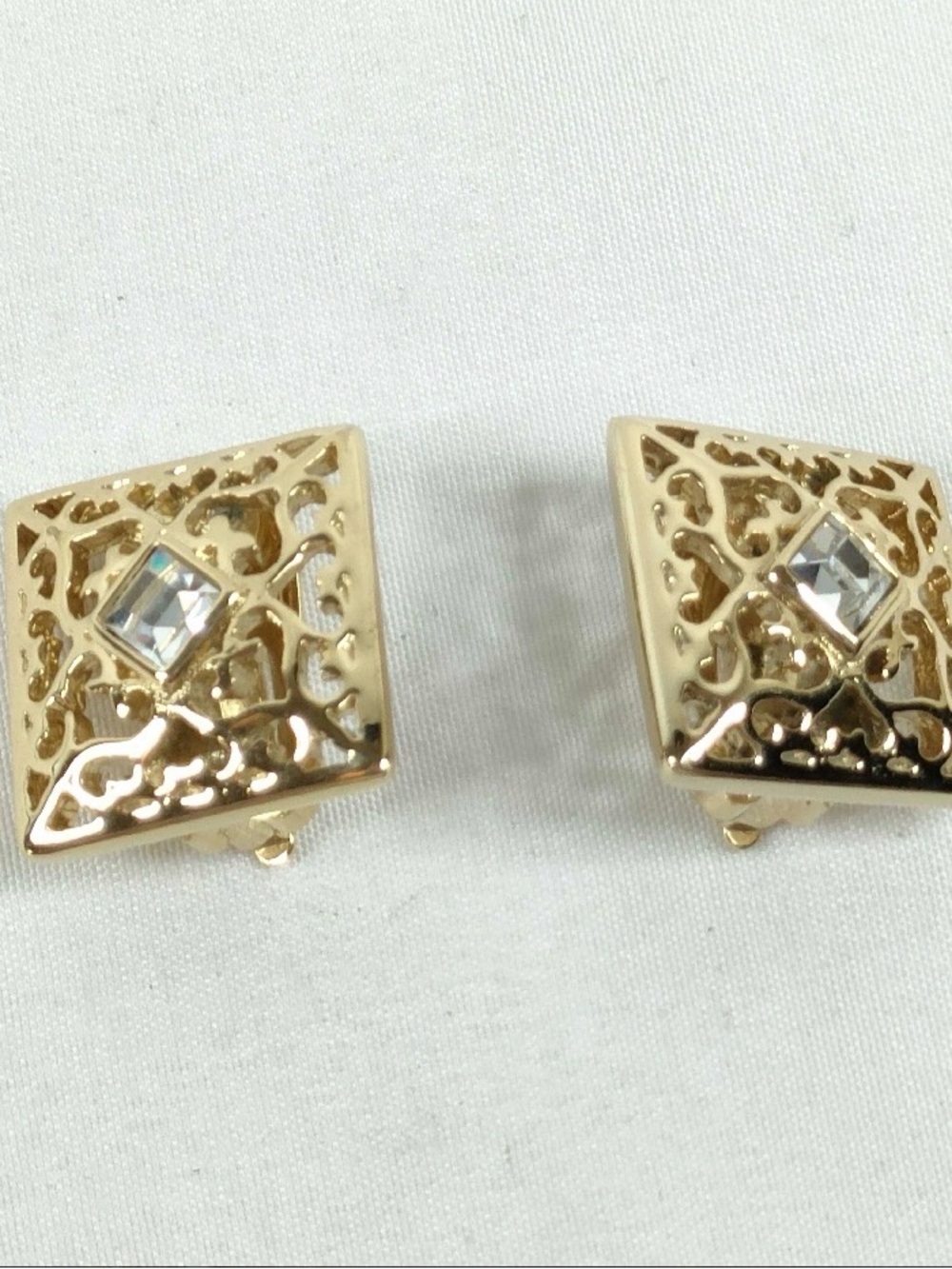 Yves Saint Laurent Gold Filigree Square Clip-On Earrings with Clear Stone